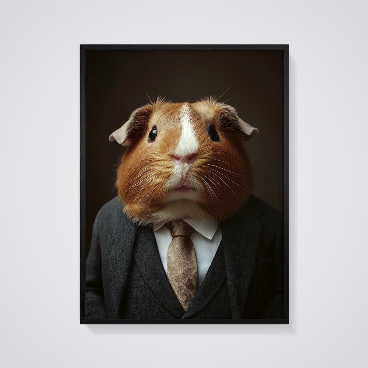 Dapper Guinea Pig Print framed in black on a grey background