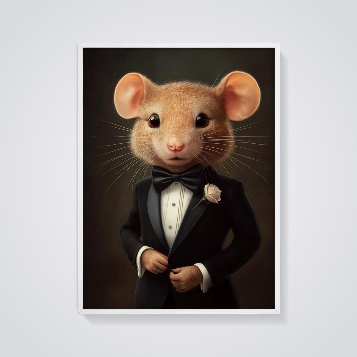 Dapper Mouse Tuxedo Print framed in white on a grey background