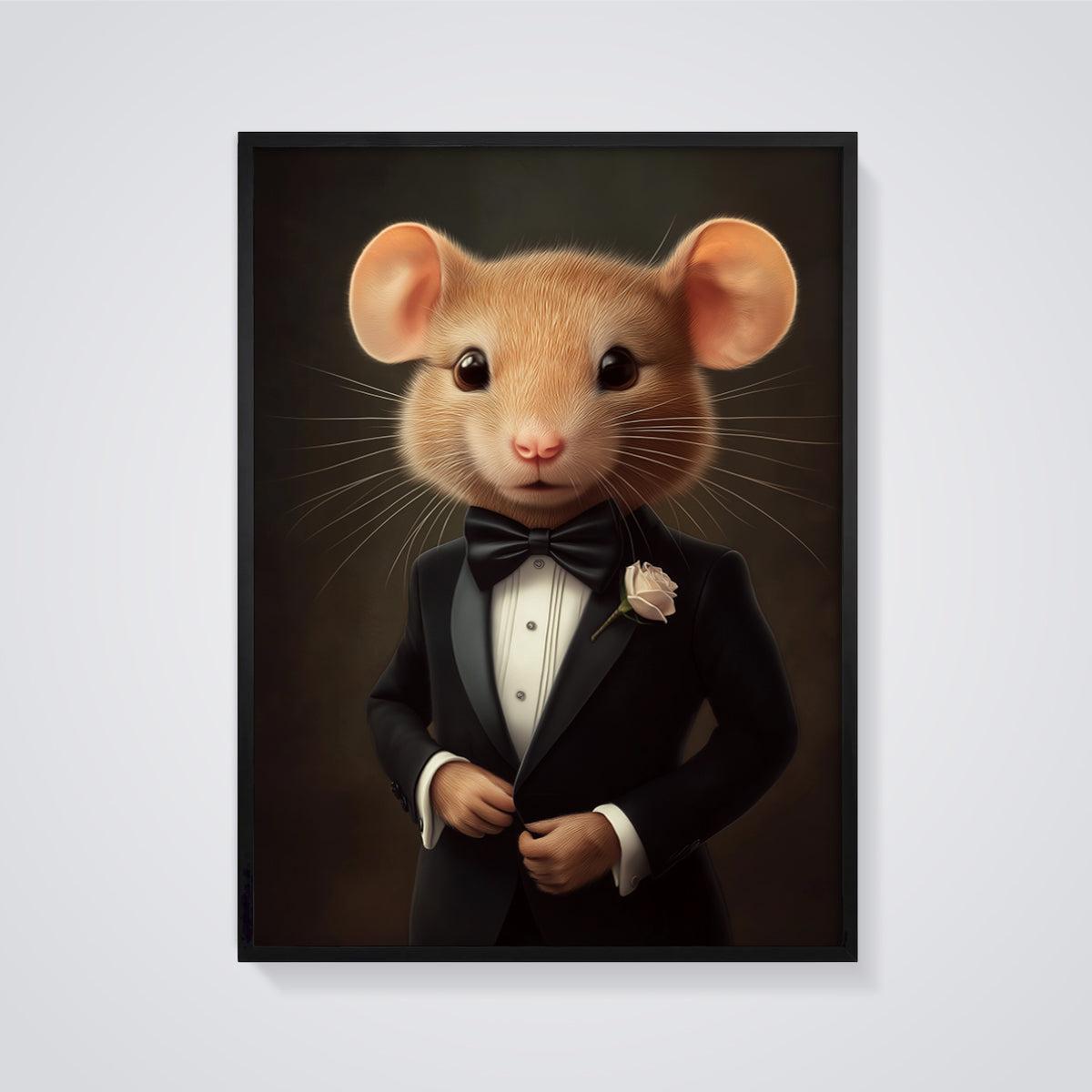 Dapper Mouse Tuxedo Print framed in black on a grey background