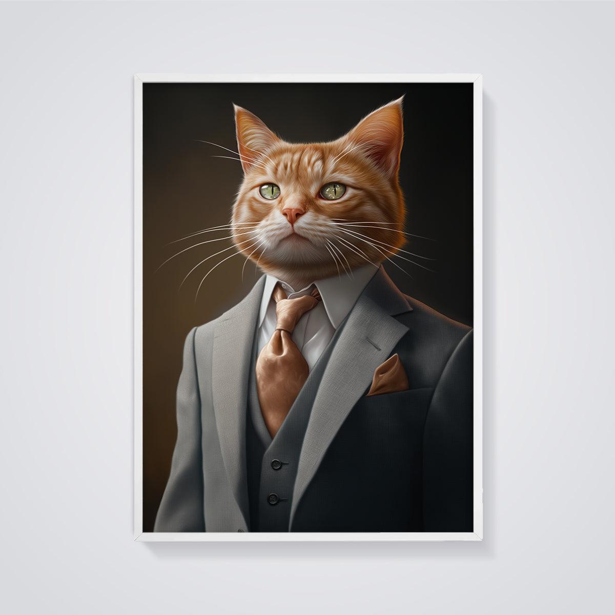 Dapper Orange Cat Print framed in white on a grey background