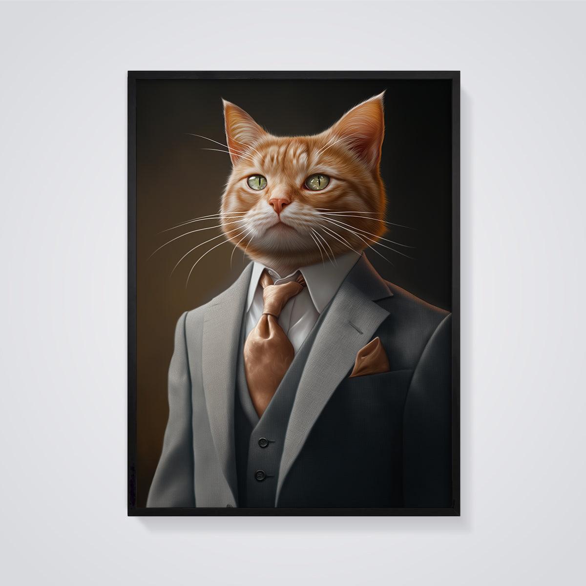 Dapper Orange Cat Print framed in black on a grey background