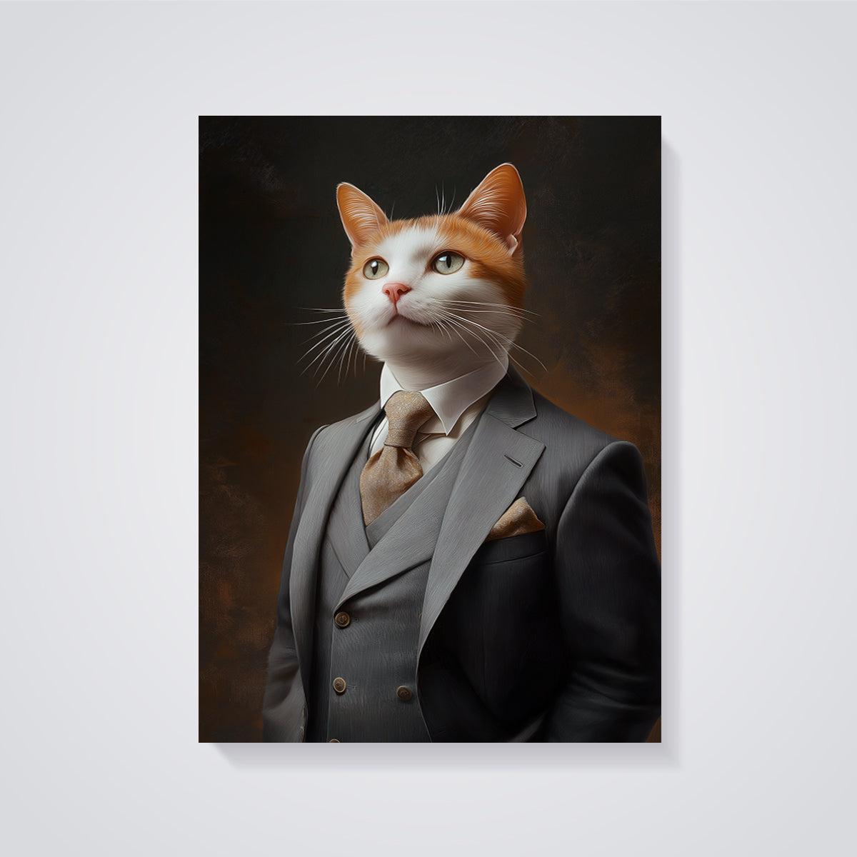Dapper Orange Cat Suit Print unframed on a grey background