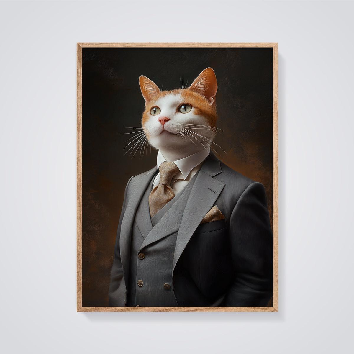 Dapper Orange Cat Suit Print framed in oak on a grey background