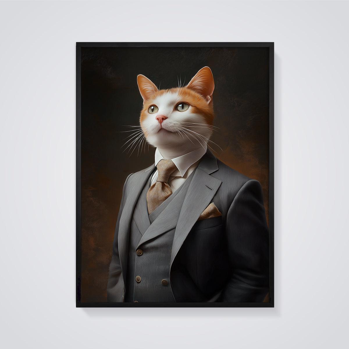 Dapper Orange Cat Suit Print framed in black on a grey background