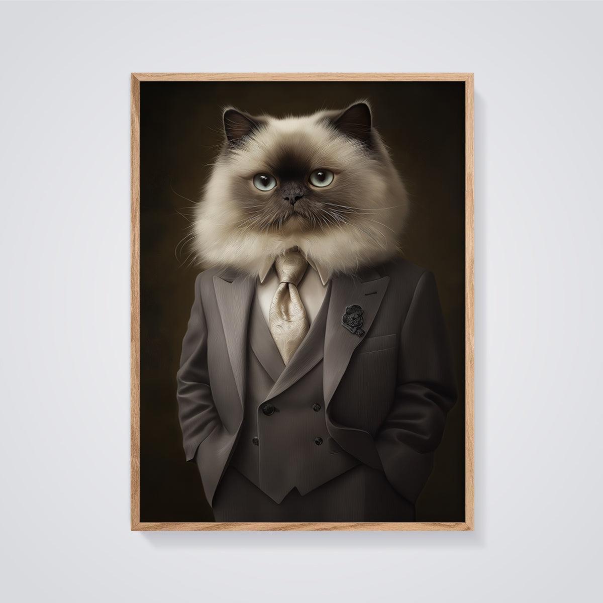 Dapper Persian Cat Print framed in oak on a grey background