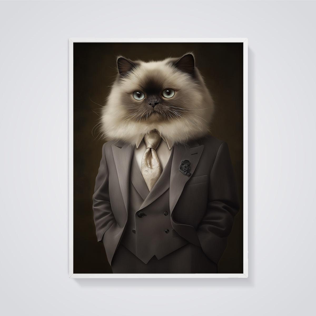 Dapper Persian Cat Print framed in white on a grey background
