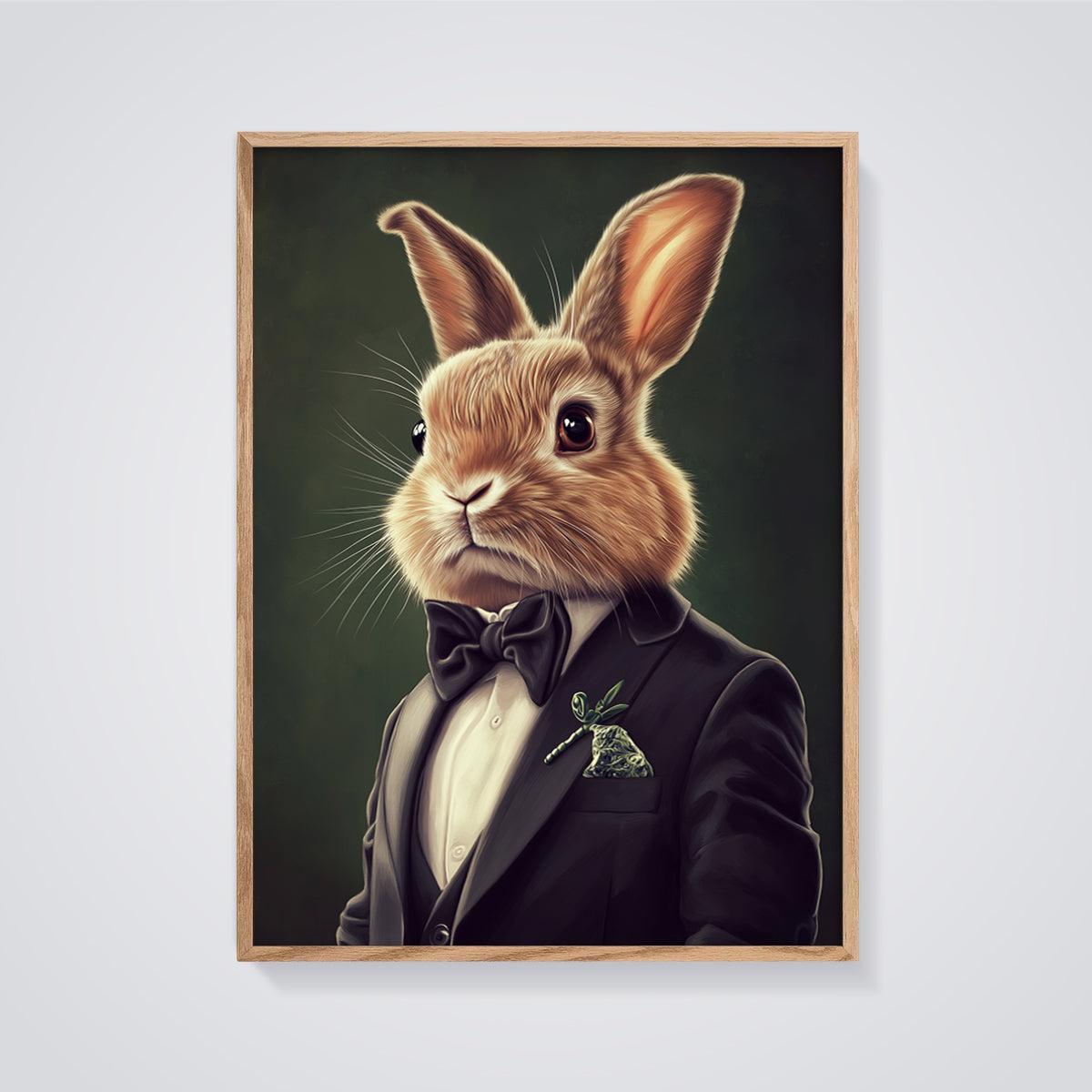 Dapper Rabbit Gentleman Print framed in oak on a grey background