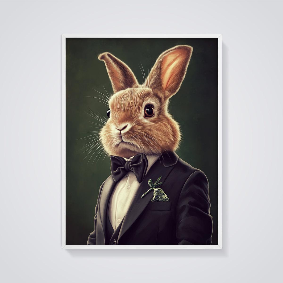 Dapper Rabbit Gentleman Print framed in white on a grey background