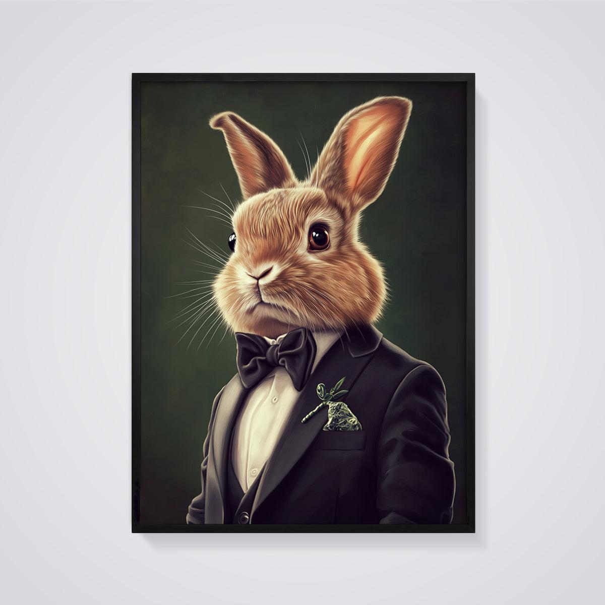 Dapper Rabbit Gentleman Print framed in black on a grey background