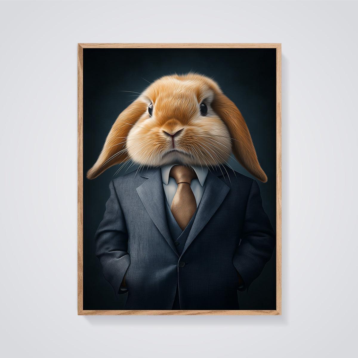 Dapper Rabbit Print framed in oak on a grey background