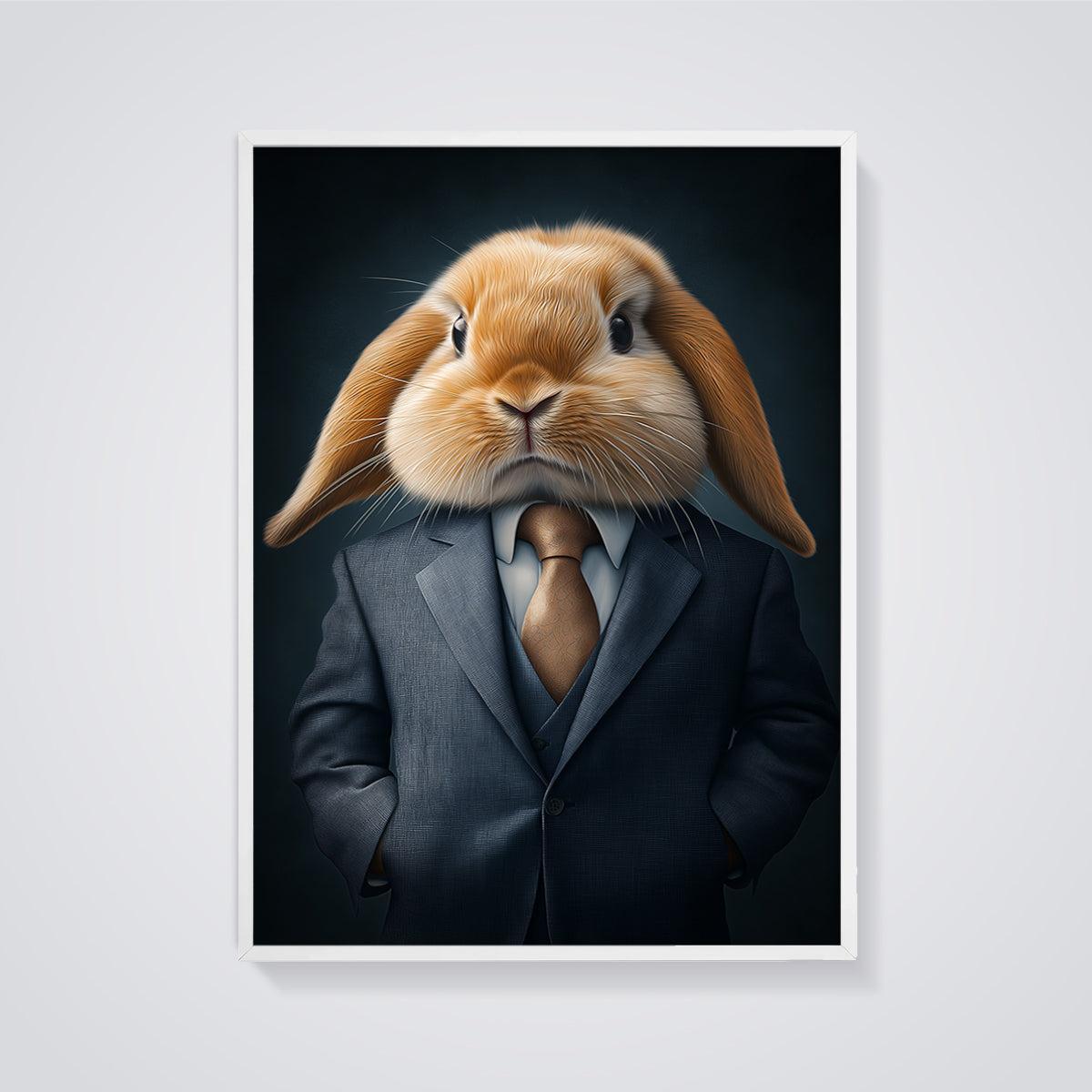 Dapper Rabbit Print framed in white on a grey background