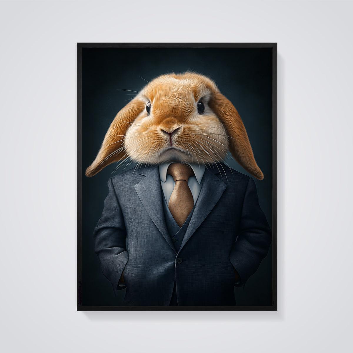 Dapper Rabbit Print framed in black on a grey background