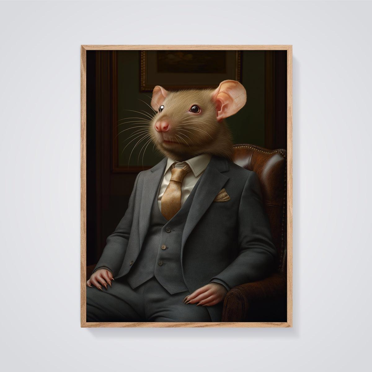 Dapper Rat Portrait Print framed in oak on a grey background