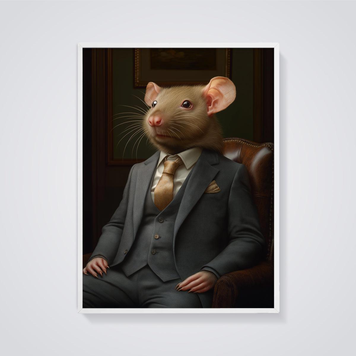 Dapper Rat Portrait Print framed in white on a grey background