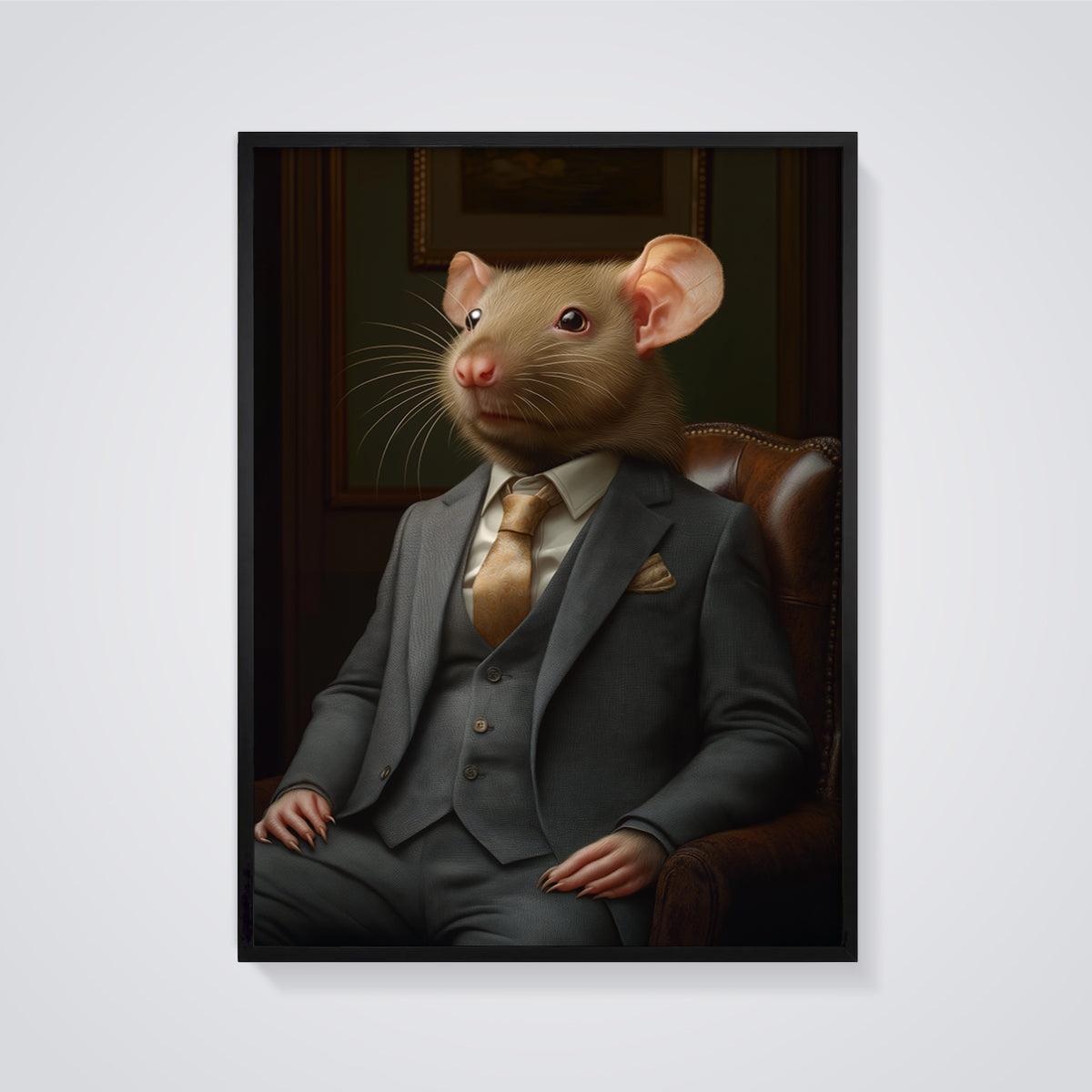 Dapper Rat Portrait Print framed in black on a grey background