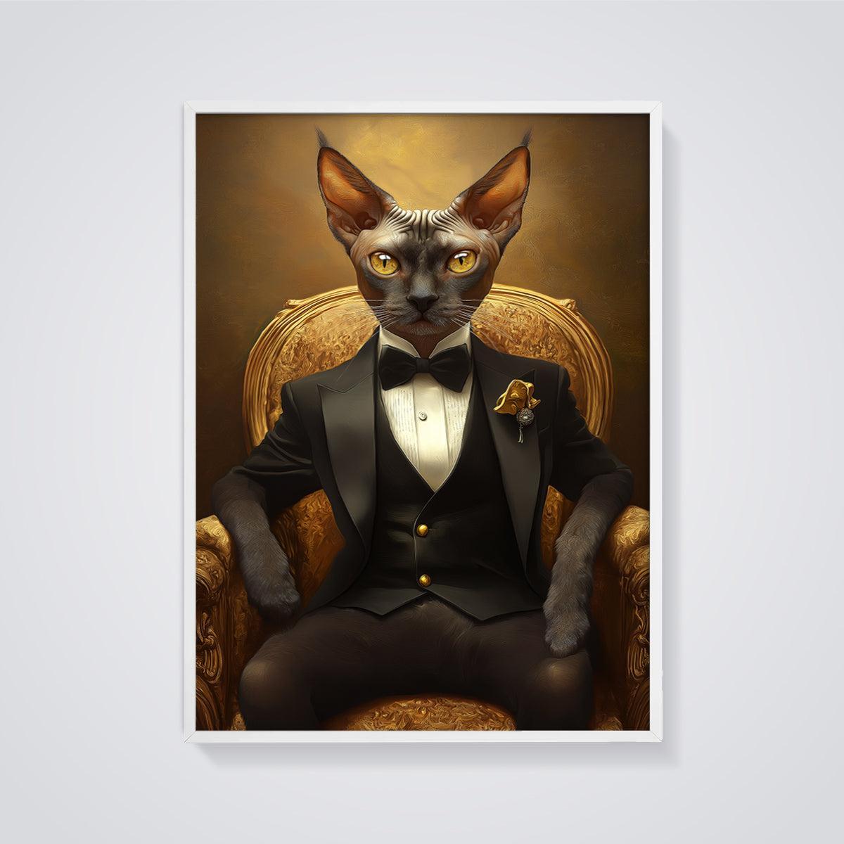 Dapper Sphynx Cat Portrait Print framed in white on a grey background