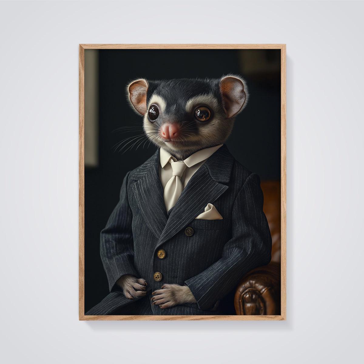 Dapper Sugar Glider Print framed in oak on a grey background