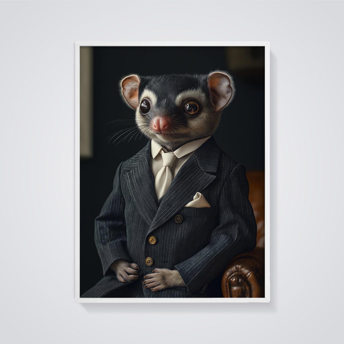 Dapper Sugar Glider Print framed in white on a grey background