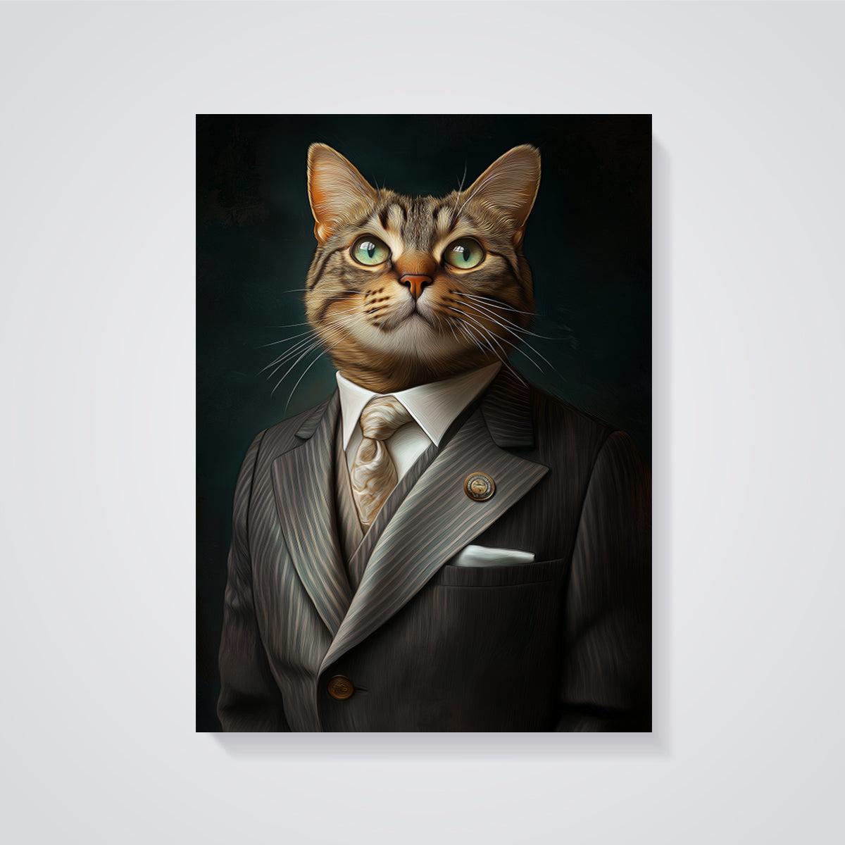Dapper Tabby Cat Portrait Print unframed on a grey background