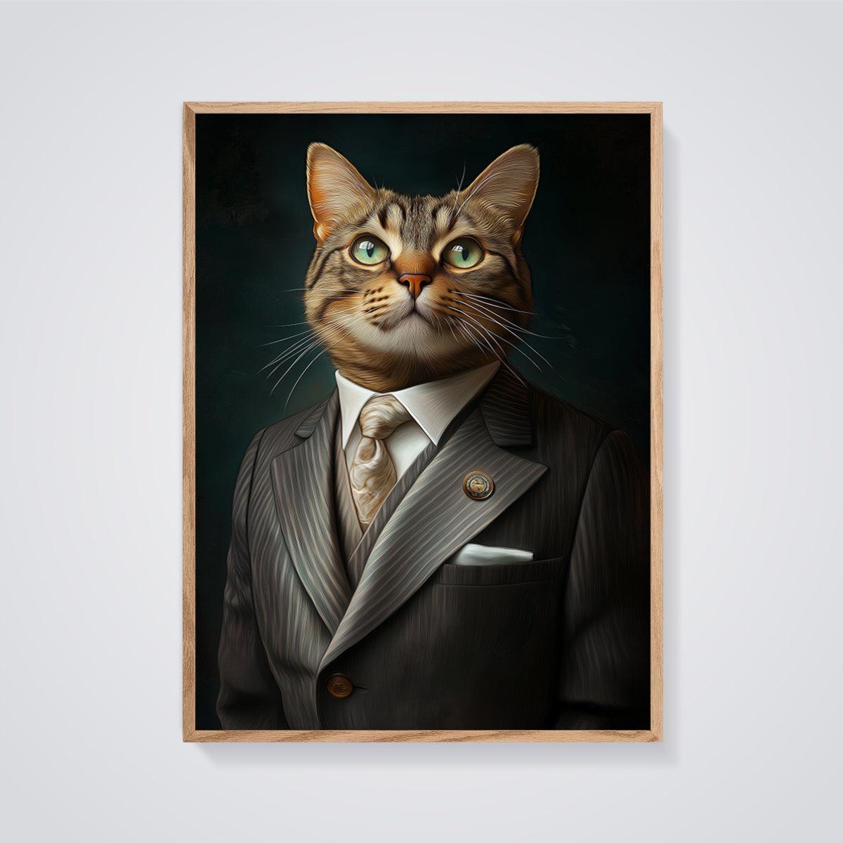 Dapper Tabby Cat Portrait Print framed in oak on a grey background