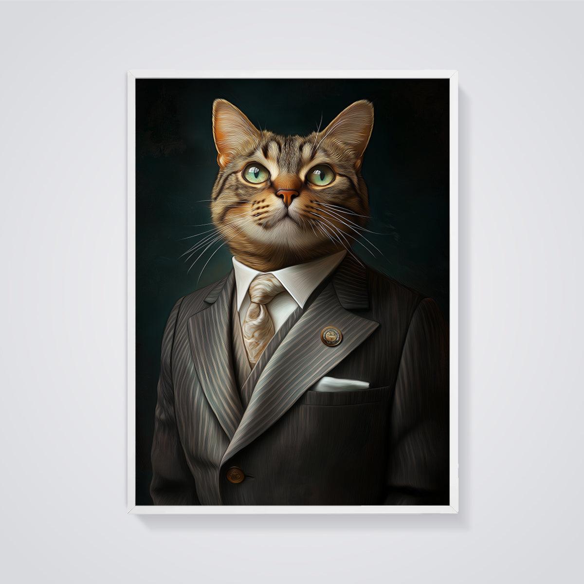 Dapper Tabby Cat Portrait Print framed in white on a grey background
