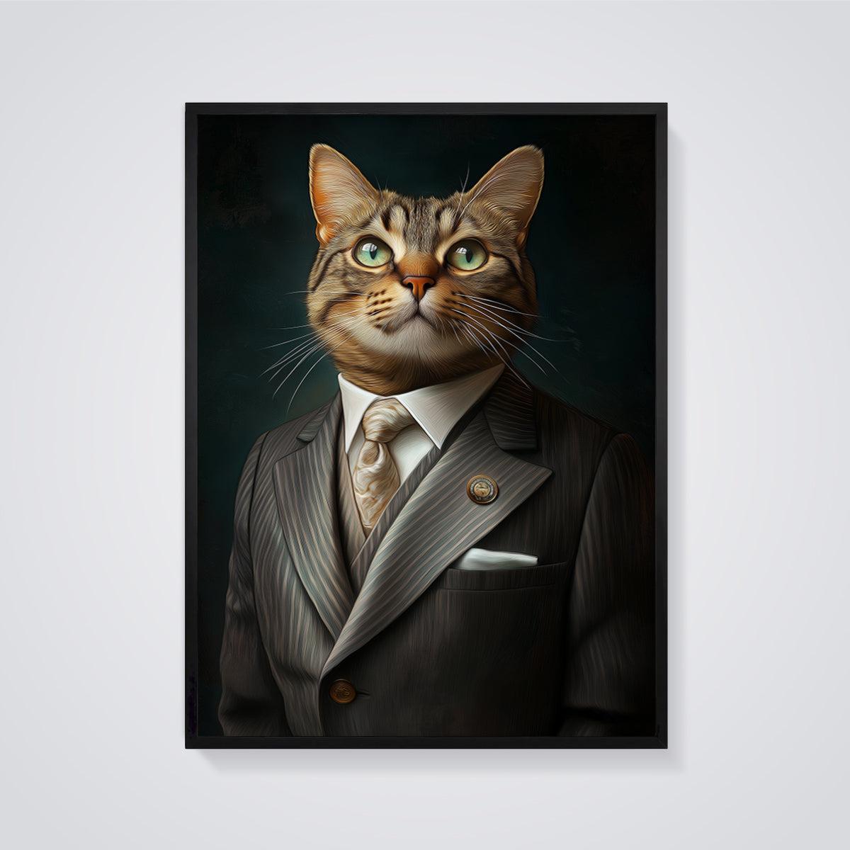 Dapper Tabby Cat Portrait Print framed in black on a grey background