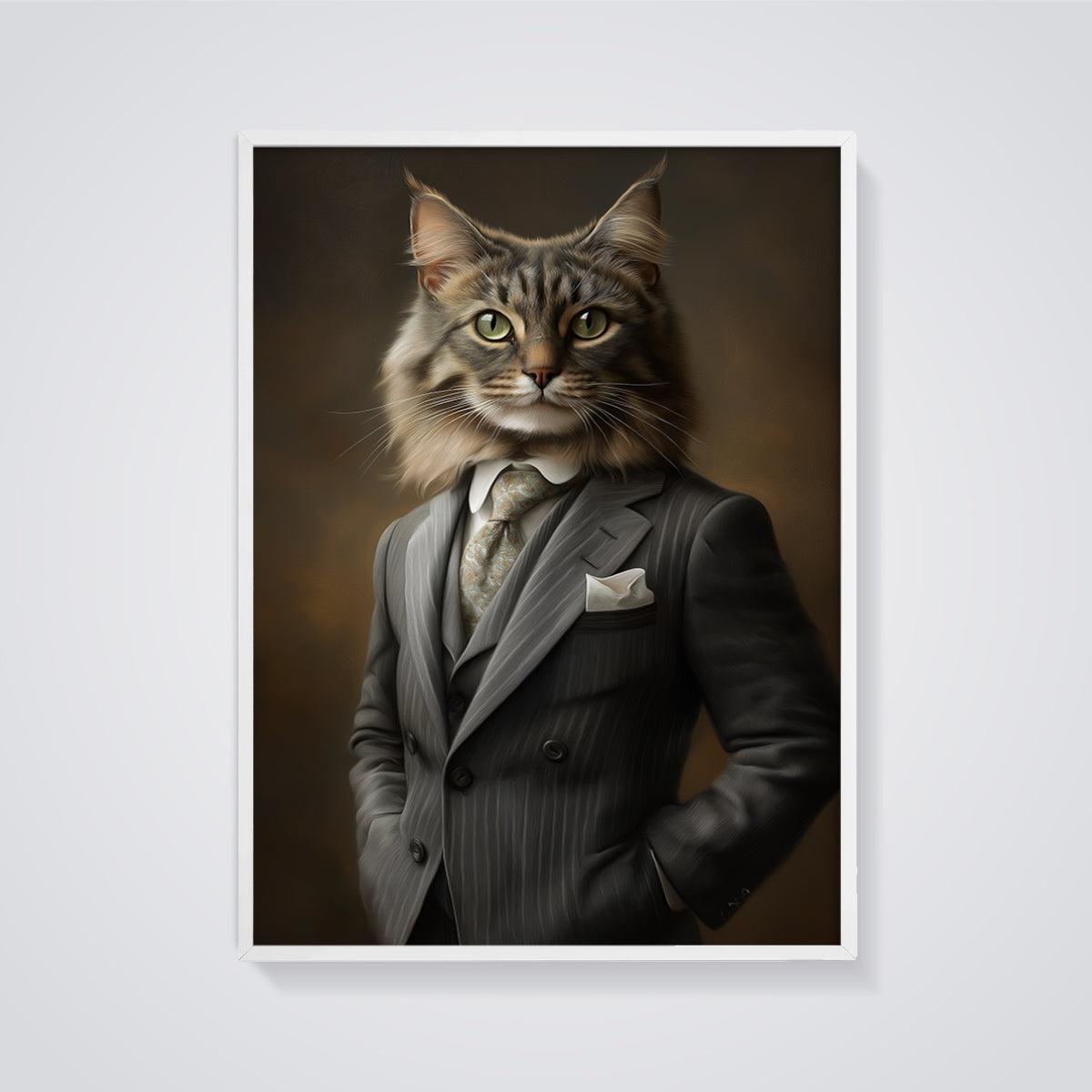 Dapper Tabby Gentleman Print framed in white on a grey background