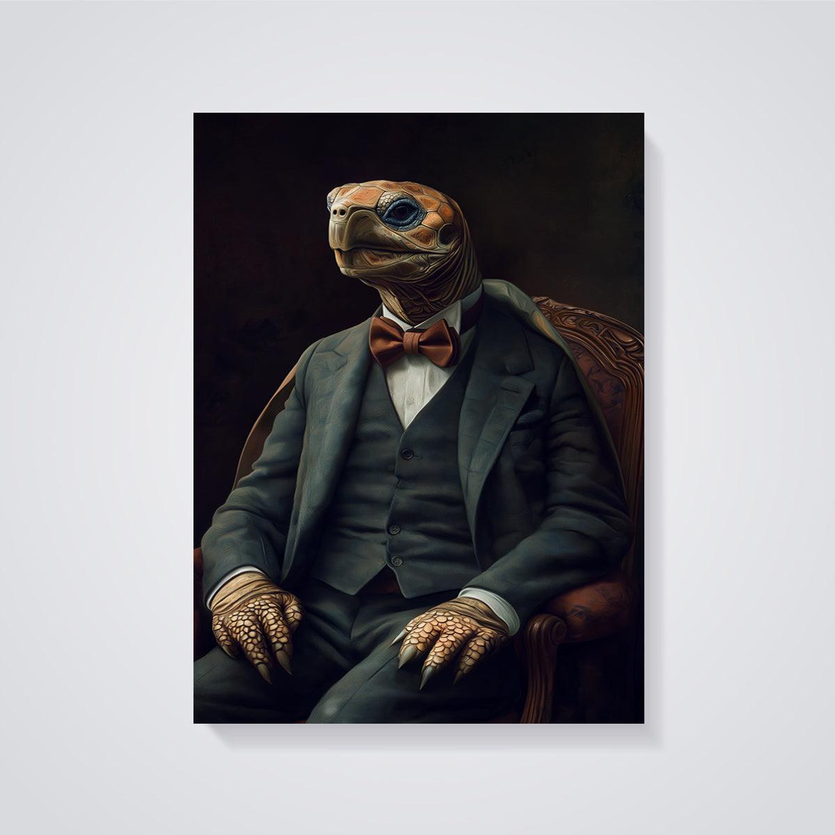 Dapper Tortoise Portrait Print unframed on a grey background