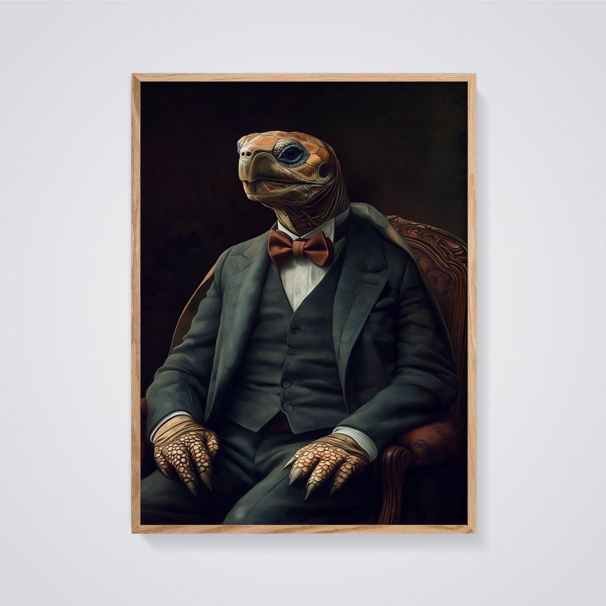 Dapper Tortoise Portrait Print framed in oak on a grey background
