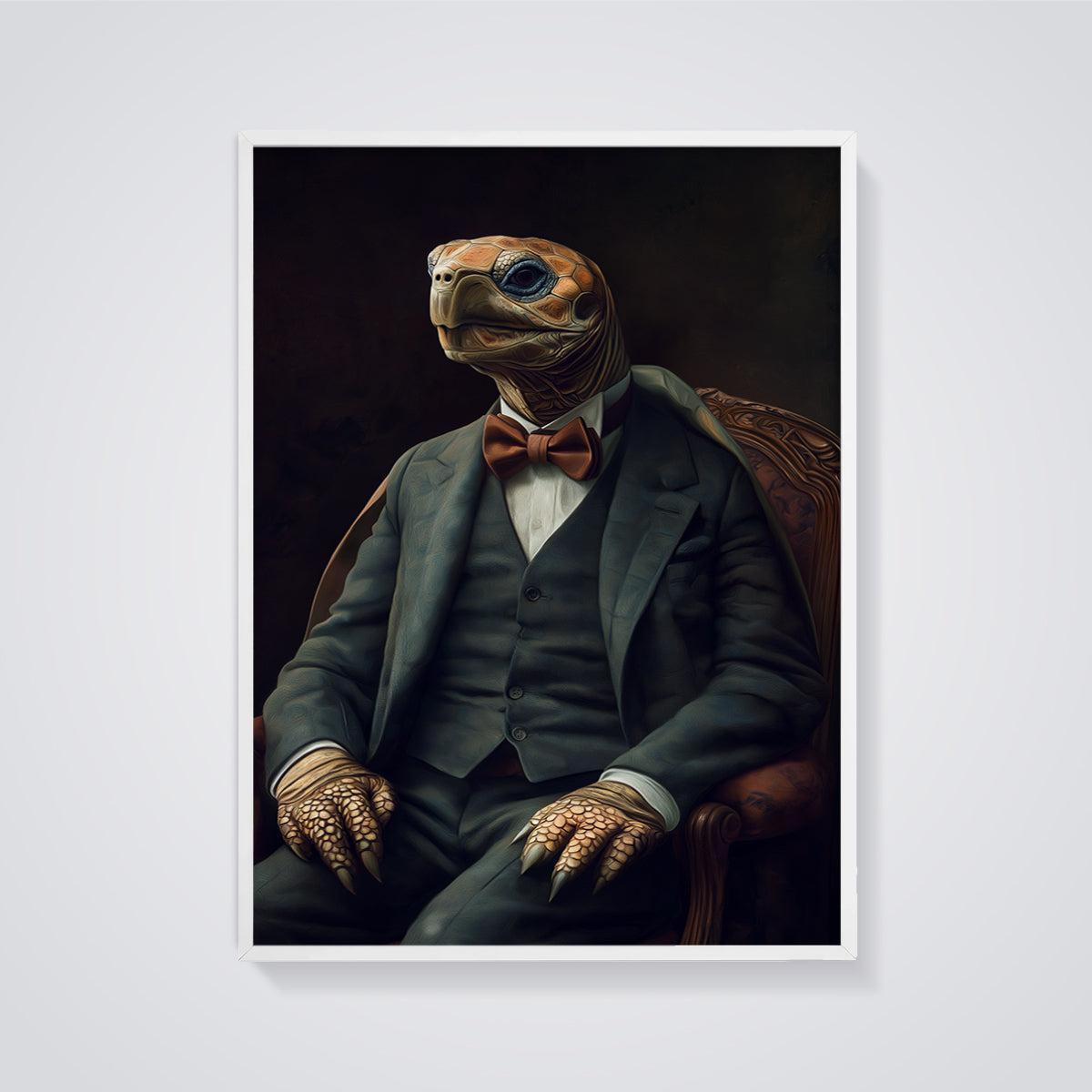 Dapper Tortoise Portrait Print framed in white on a grey background