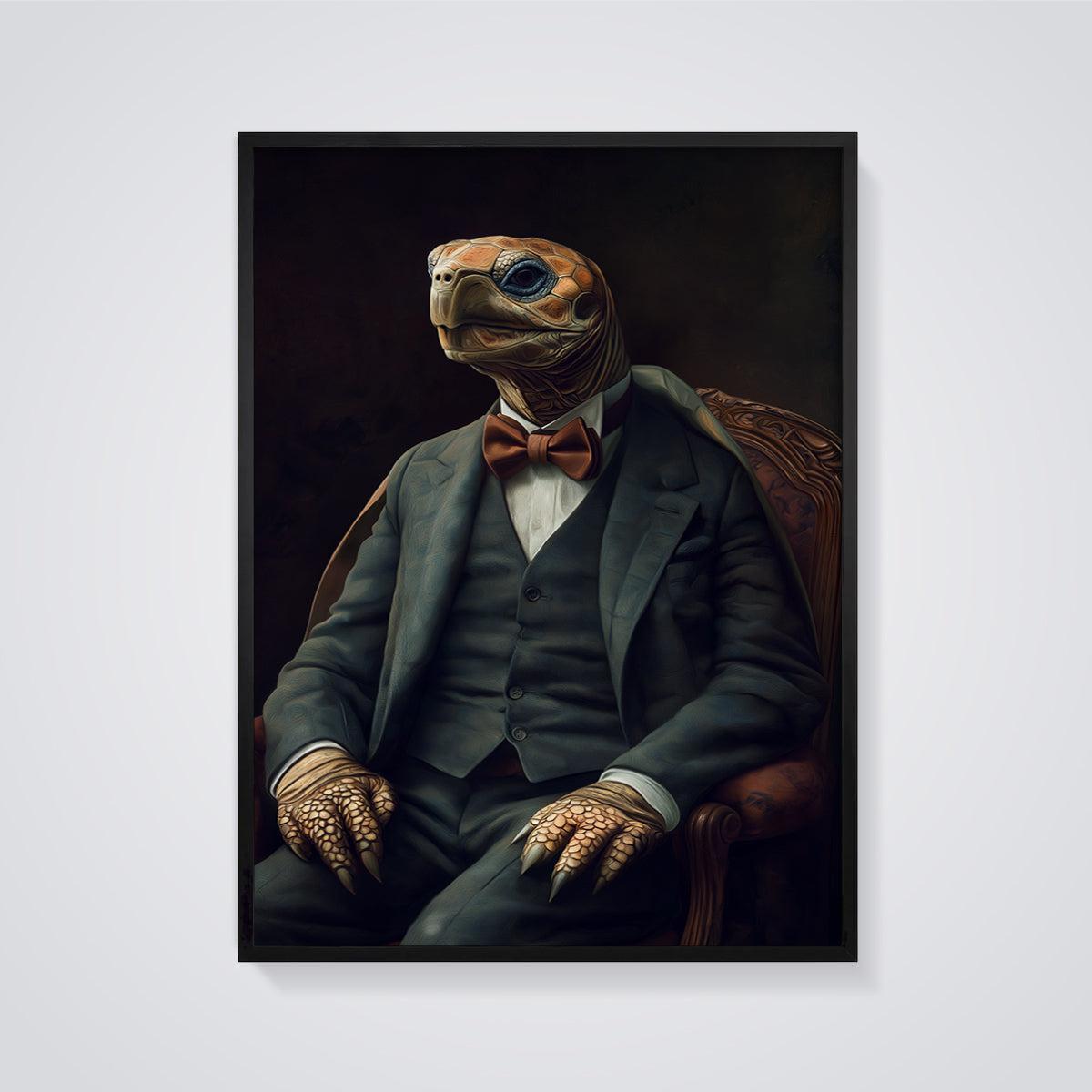 Dapper Tortoise Portrait Print framed in black on a grey background