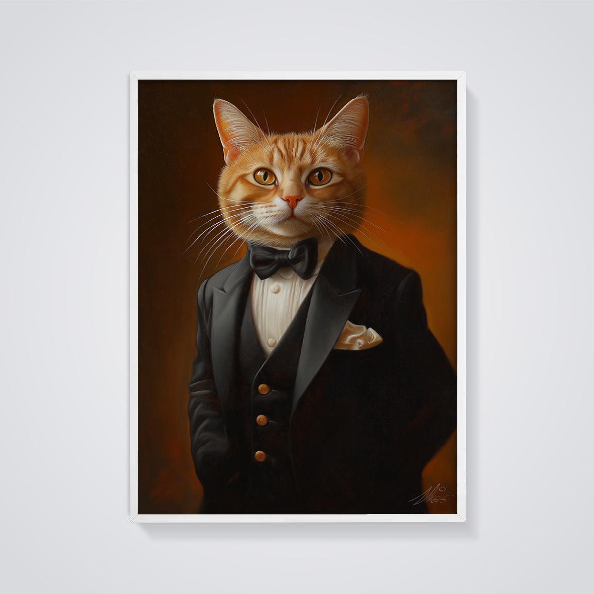 Dapper Tuxedo Cat Print framed in white on a grey background