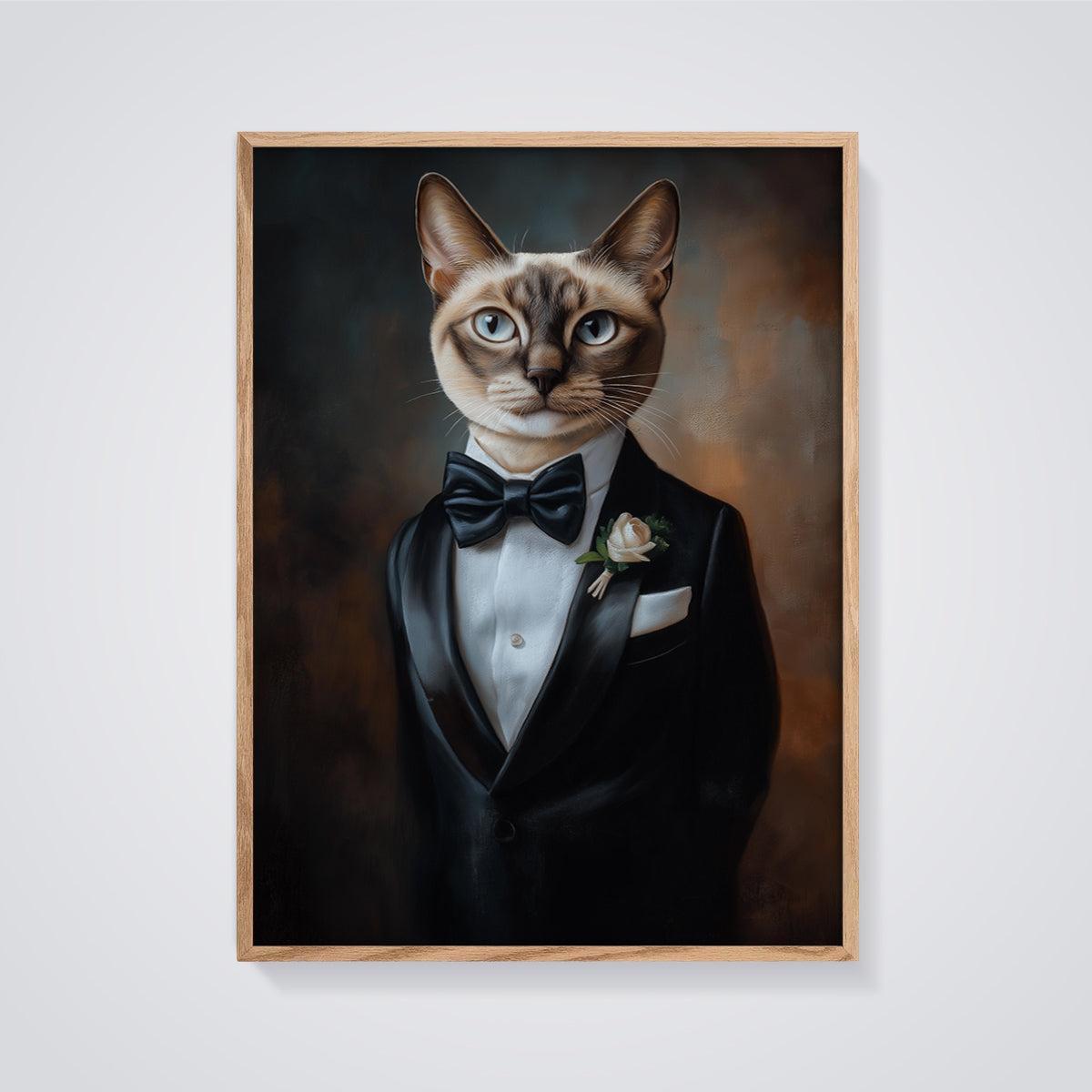 Dapper Tuxedo Cat Print Aesthetic framed in oak on a grey background