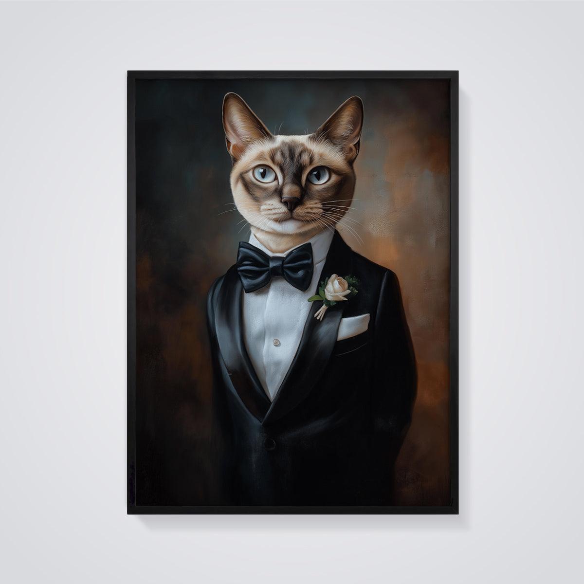 Dapper Tuxedo Cat Print Aesthetic framed in black on a grey background