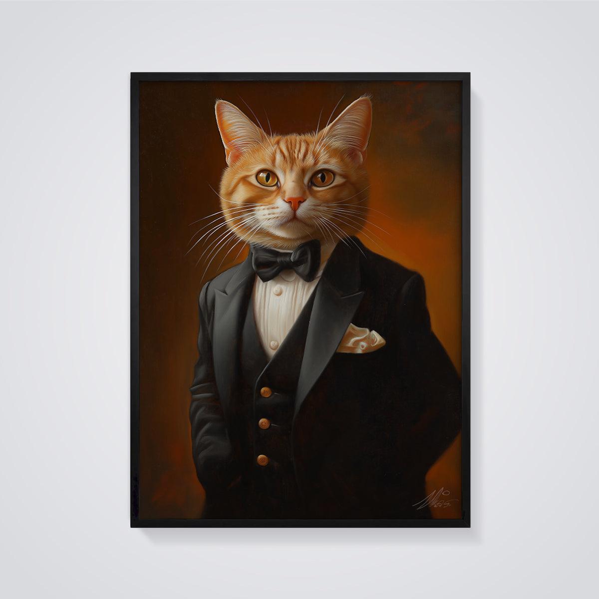 Dapper Tuxedo Cat Print framed in black on a grey background