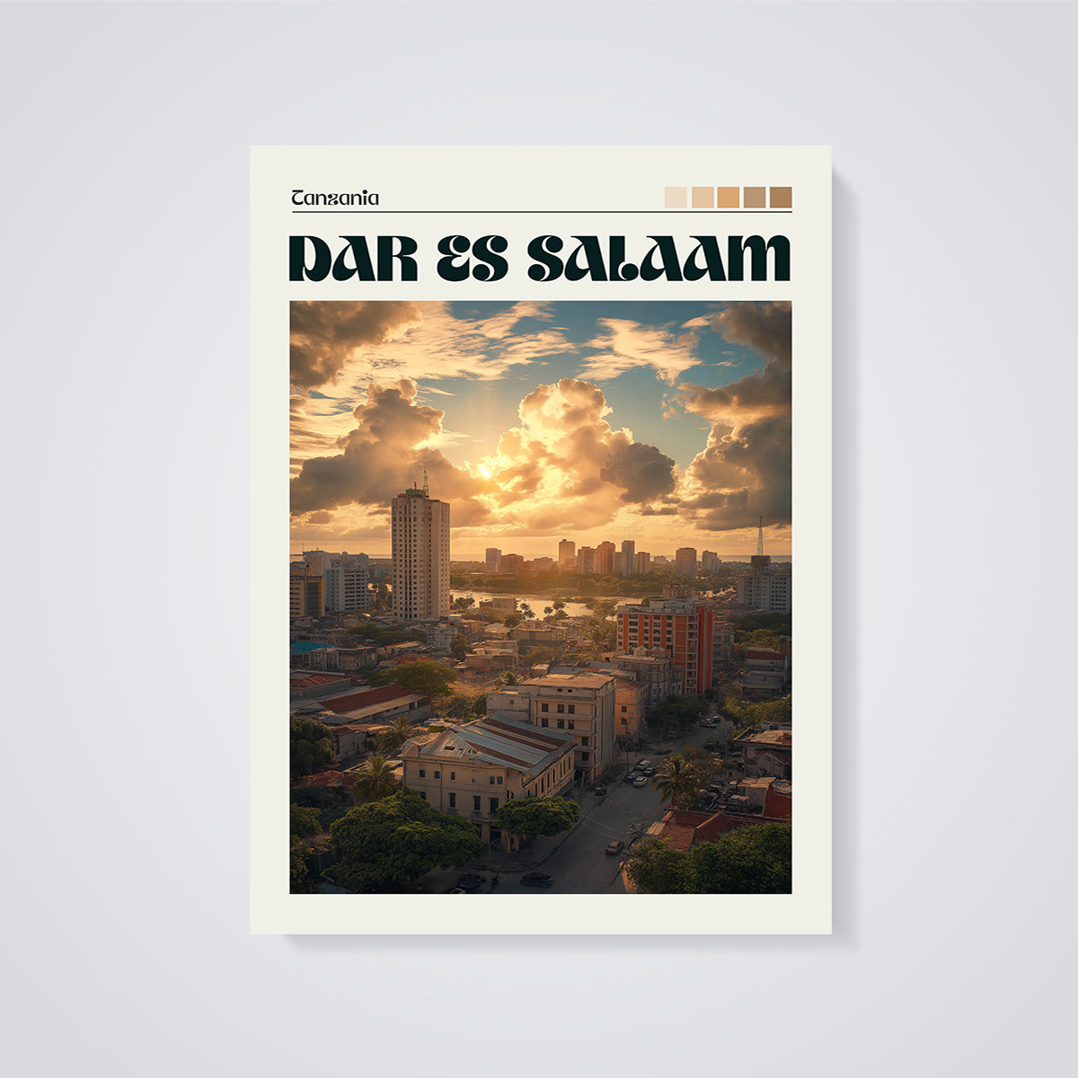 Dar es Salaam Sunset Skyline Print unframed on a grey background