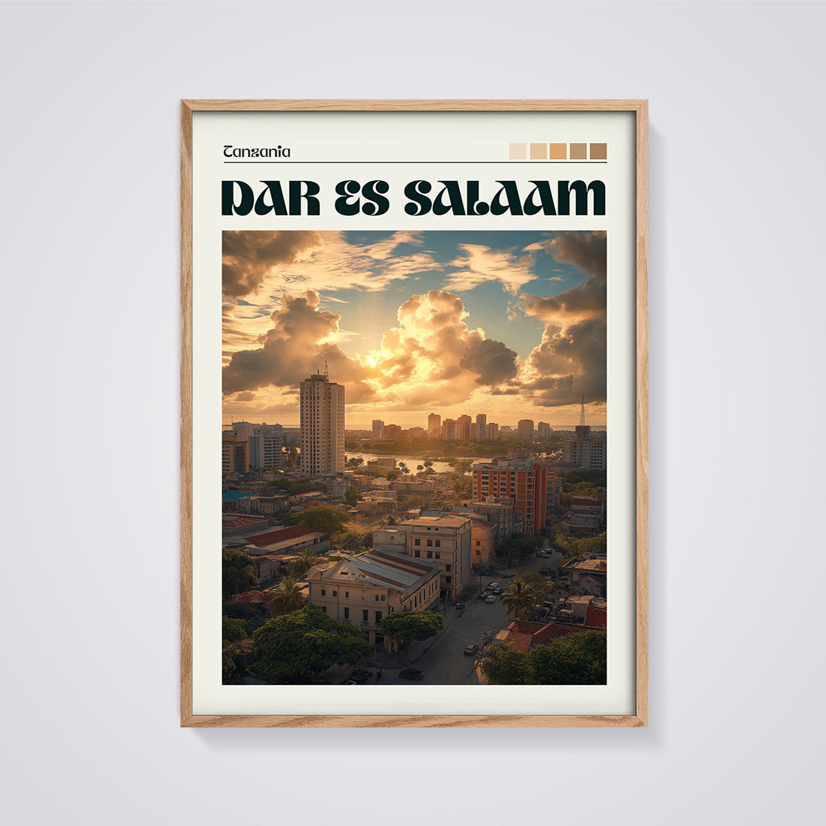 Dar es Salaam Sunset Skyline Print framed in oak on a grey background