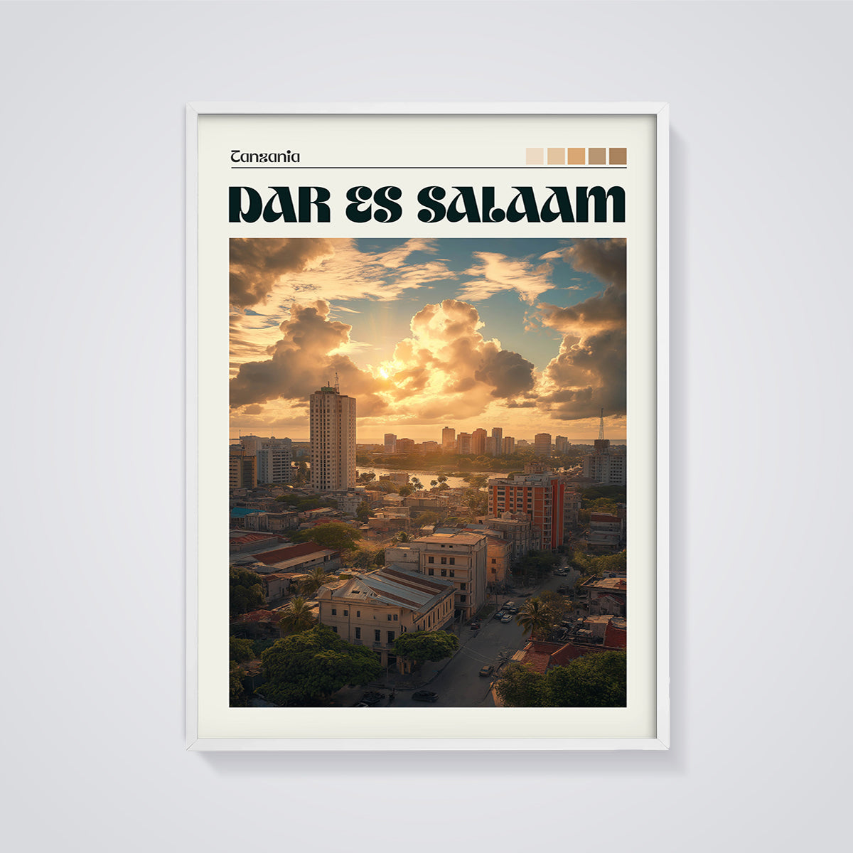 Dar es Salaam Sunset Skyline Print framed in white on a grey background