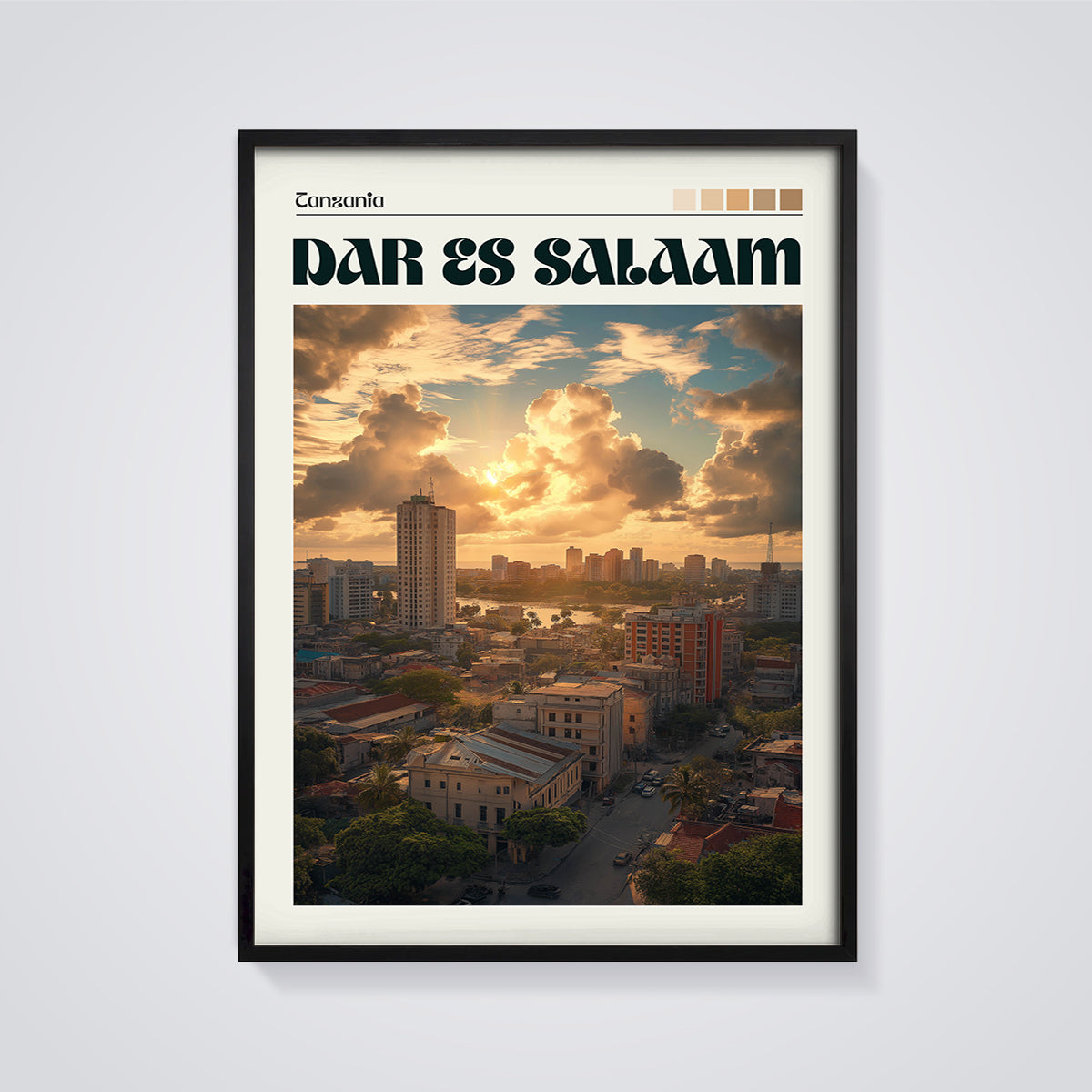 Dar es Salaam Sunset Skyline Print framed in black on a grey background