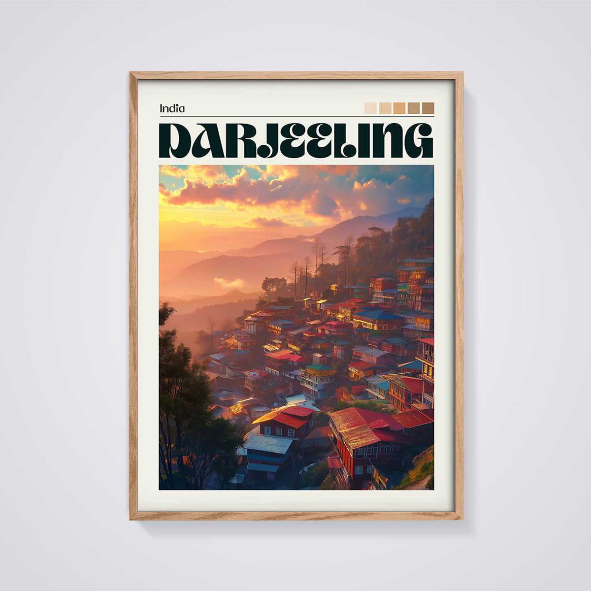 Darjeeling Hillside Town Print framed in oak on a grey background