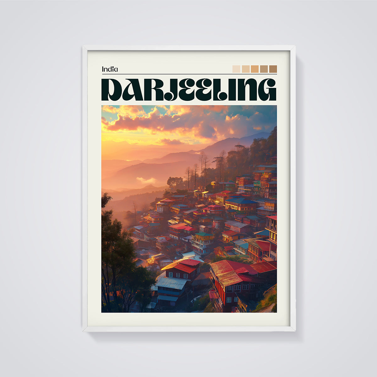 Darjeeling Hillside Town Print framed in white on a grey background