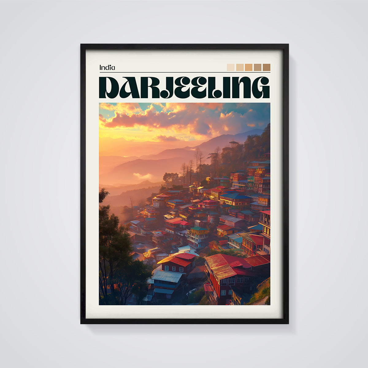 Darjeeling Hillside Town Print framed in black on a grey background