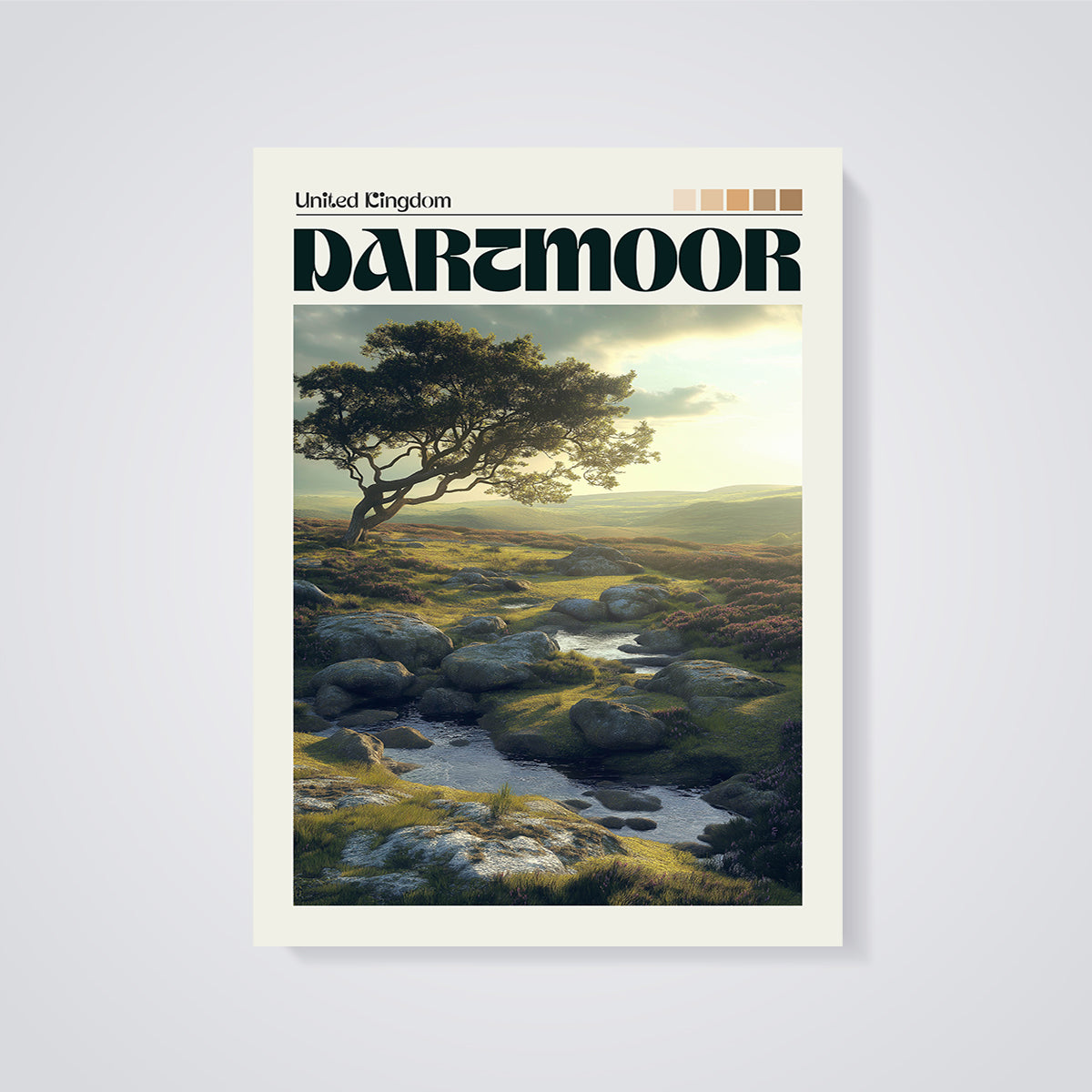 Dartmoor Landscape Print unframed on a grey background