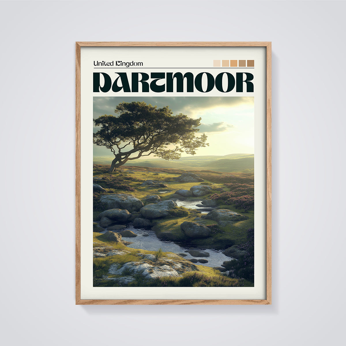 Dartmoor Landscape Print framed in oak on a grey background