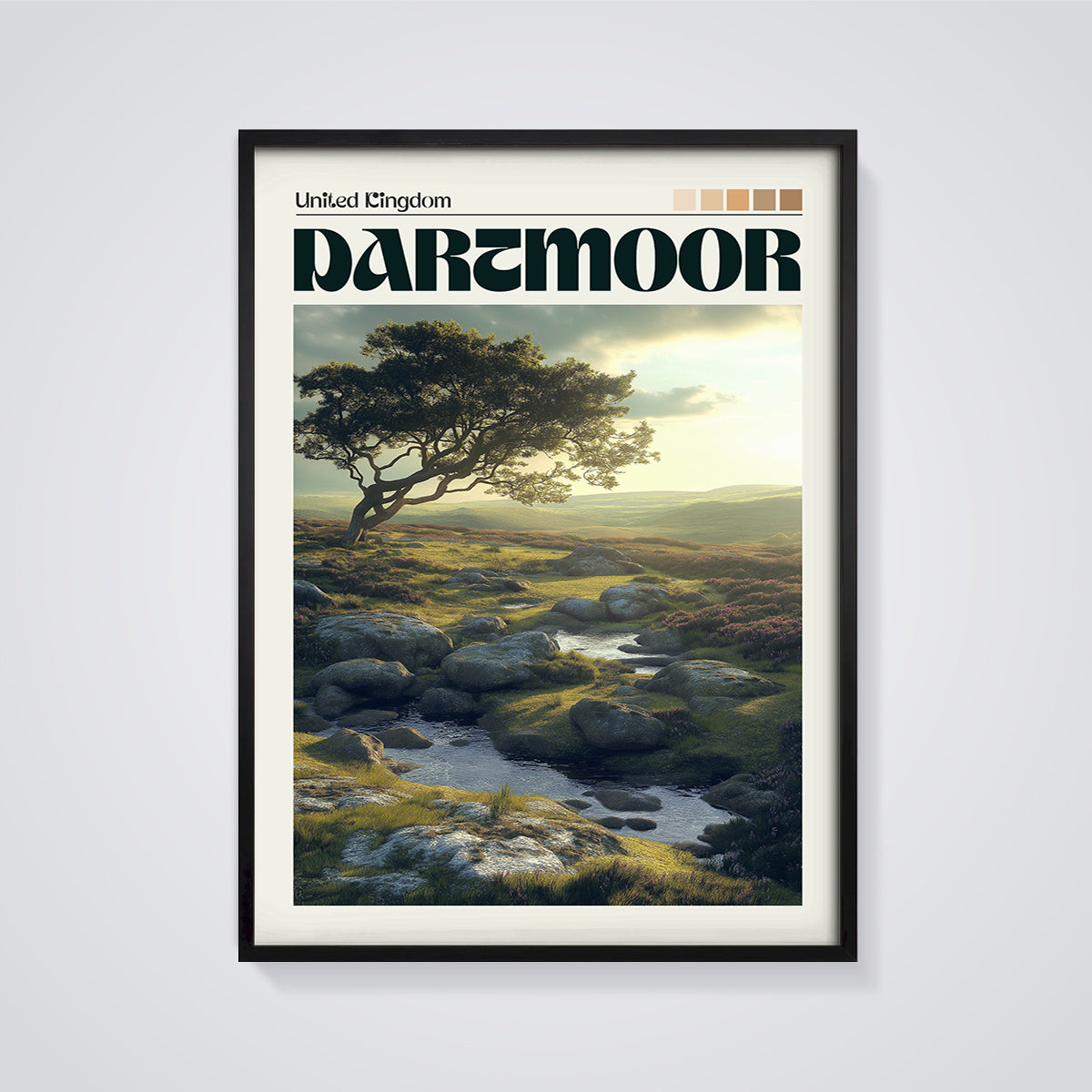 Dartmoor Landscape Print framed in black on a grey background