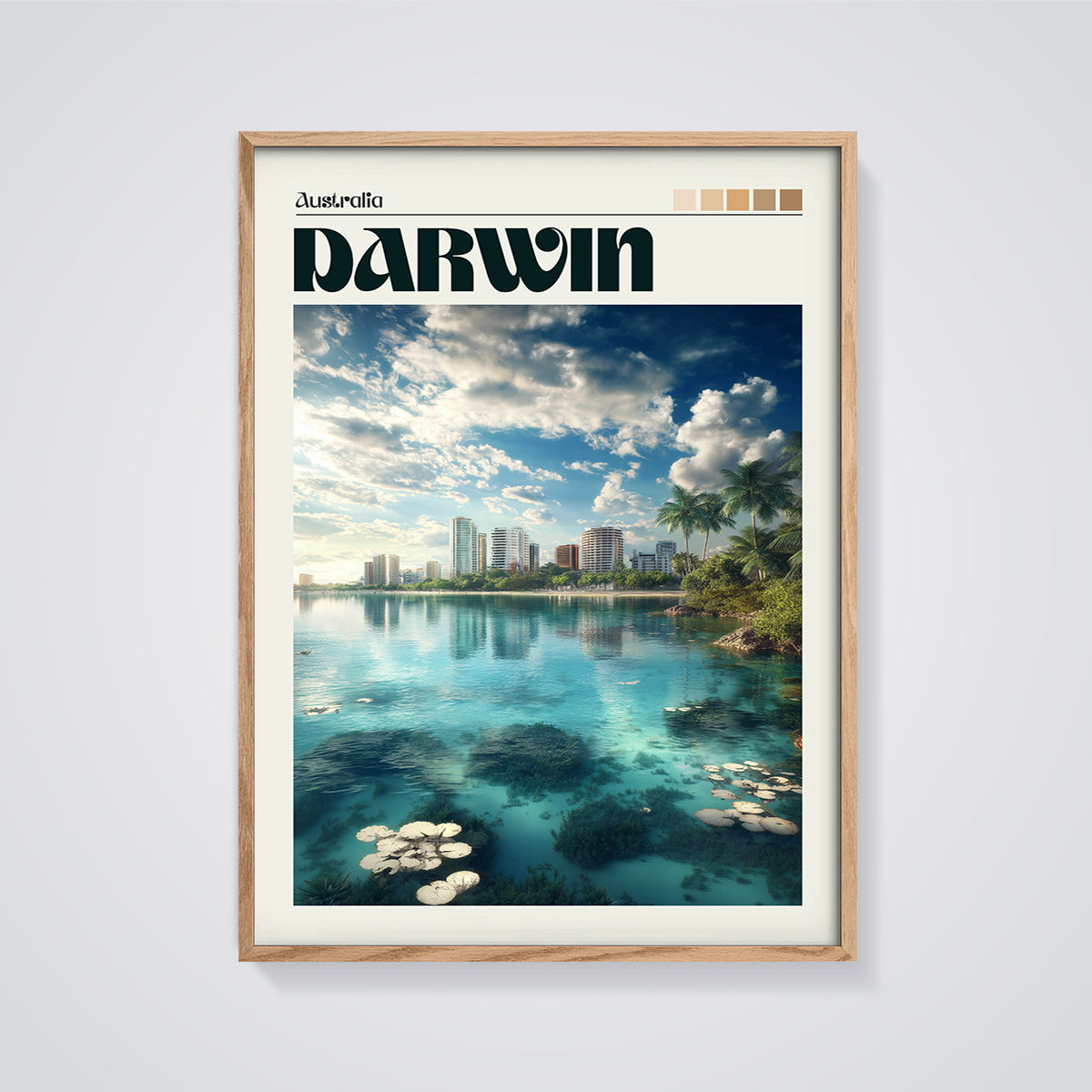 Darwin Australia Skyline Print framed in oak on a grey background