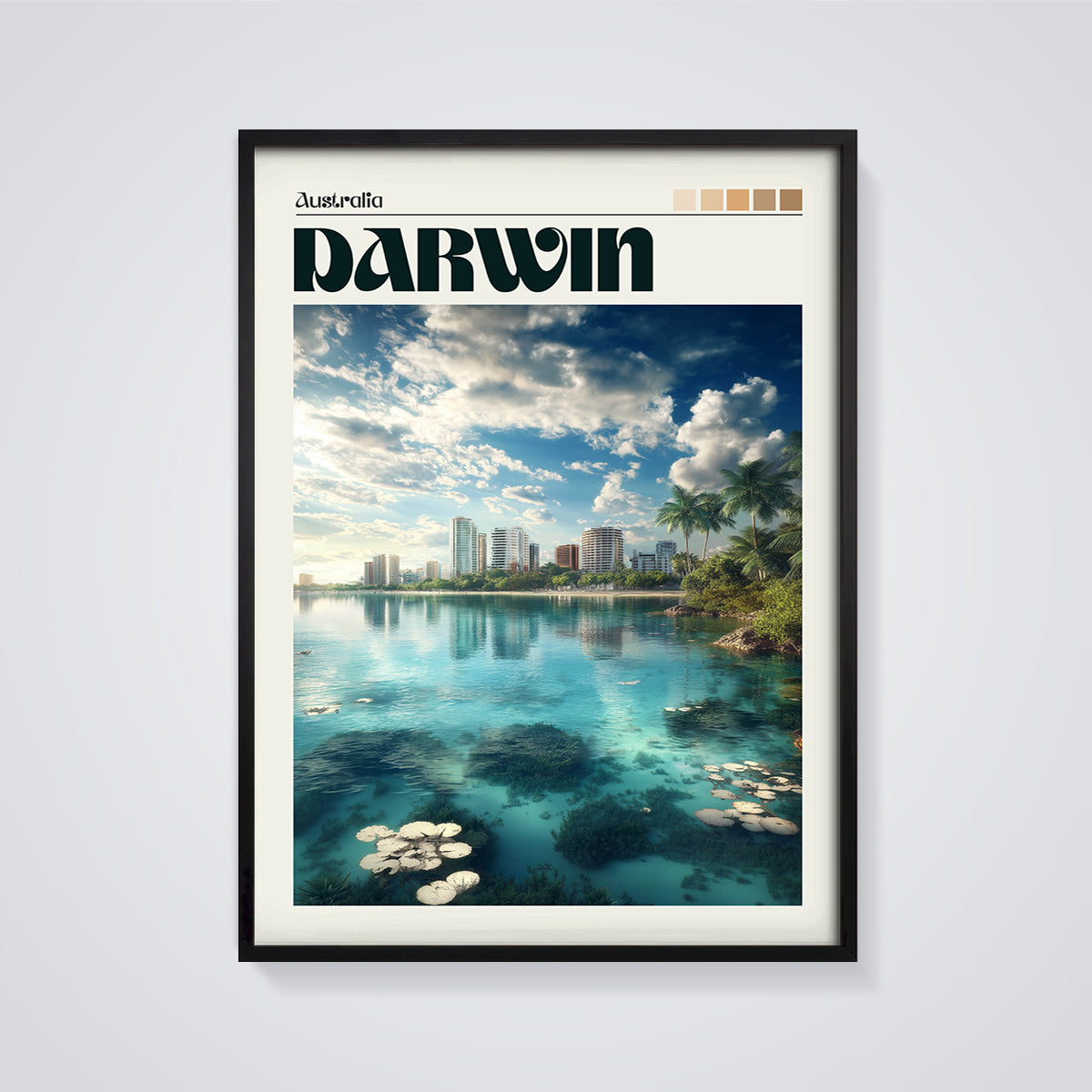 Darwin Australia Skyline Print framed in black on a grey background