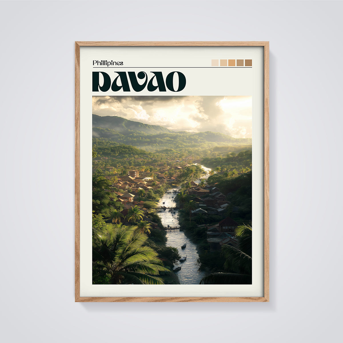 Davao Philippines River Village Print framed in oak on a grey background