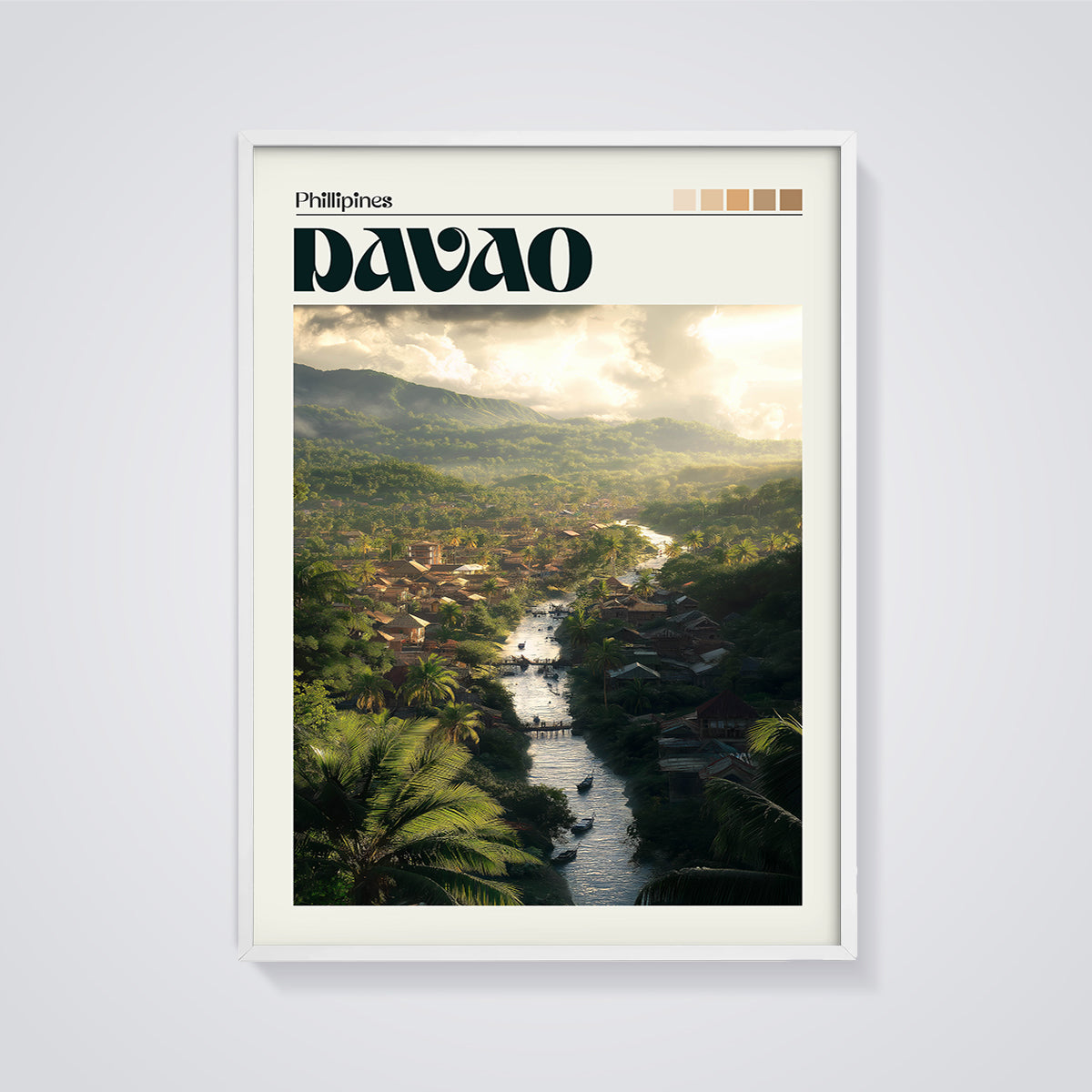 Davao Philippines River Village Print framed in white on a grey background