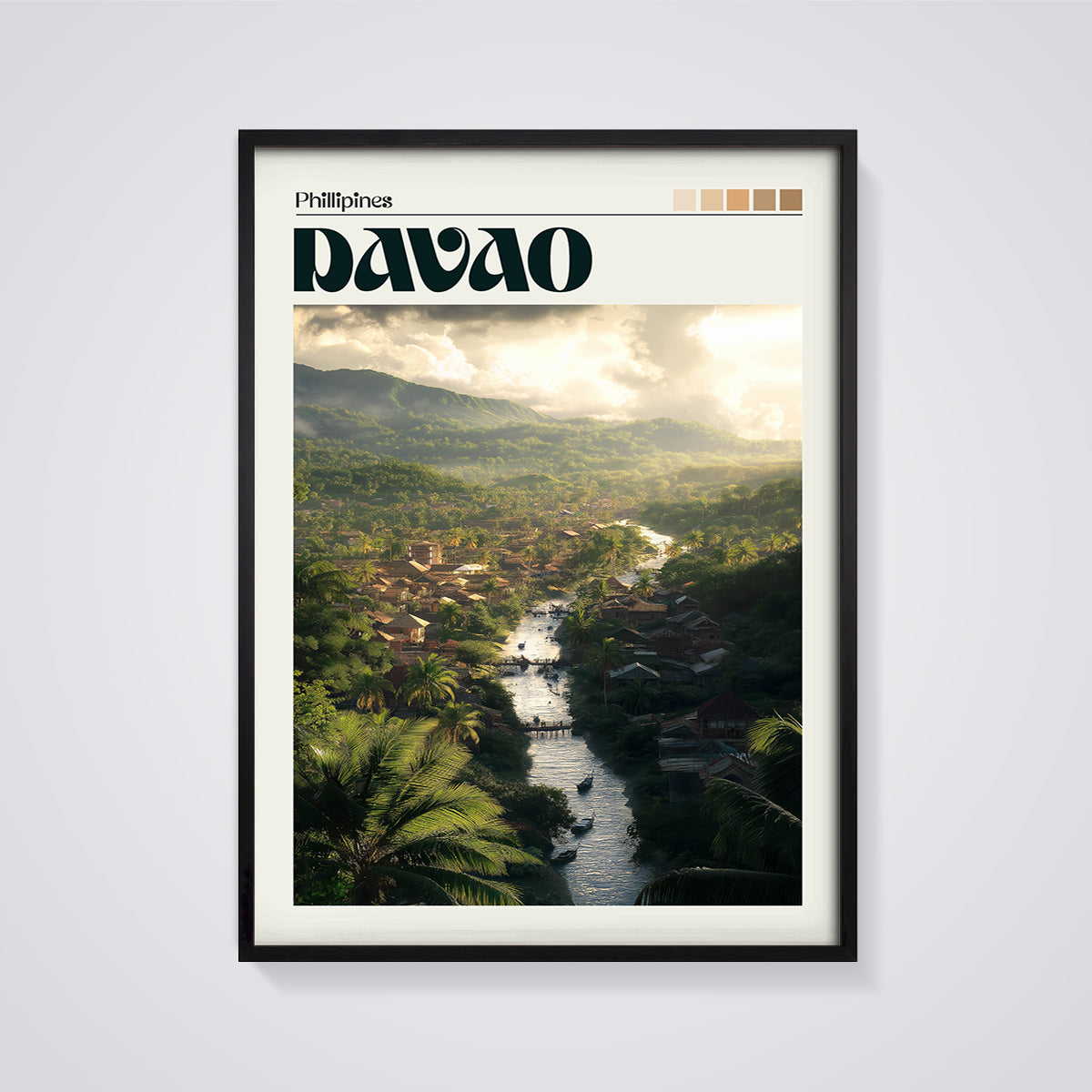 Davao Philippines River Village Print framed in black on a grey background